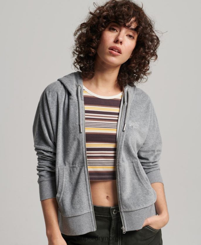 Superdry grå klær 86P46D2197 vintage hettegenser med glidelås i økologisk bomull med logo i velour kvinner