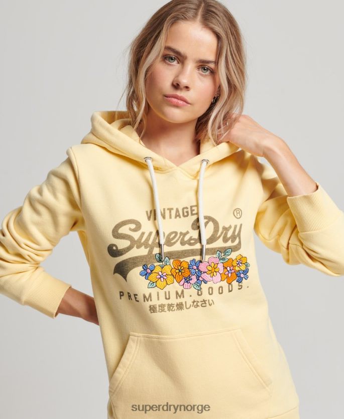 Superdry gul klær 86P46D3271 vintage logo premium varer floral hettegenser kvinner