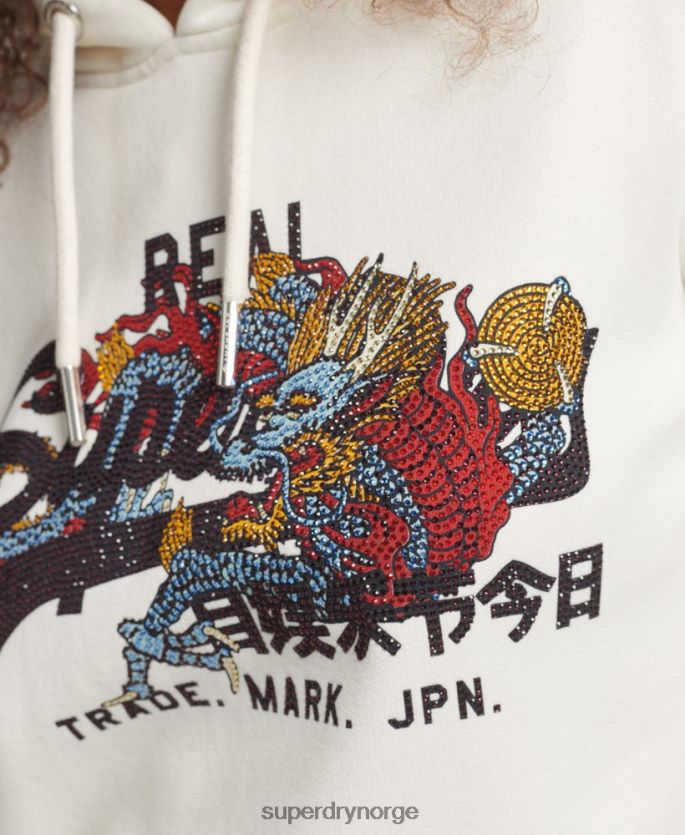 Superdry krem klær 86P46D6083 vintage logo narrativ rhinestone hettegenser kvinner