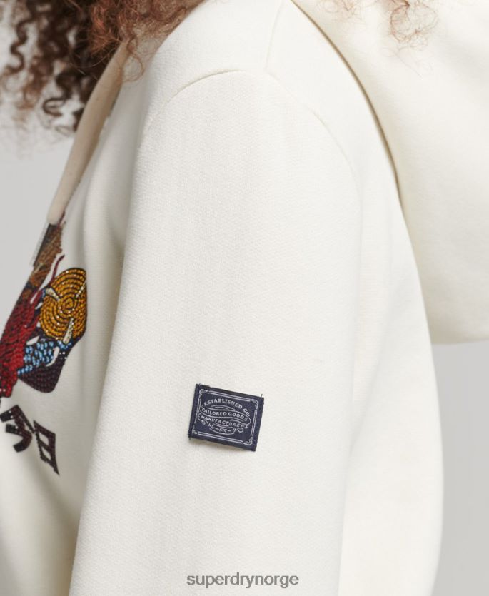 Superdry krem klær 86P46D6083 vintage logo narrativ rhinestone hettegenser kvinner