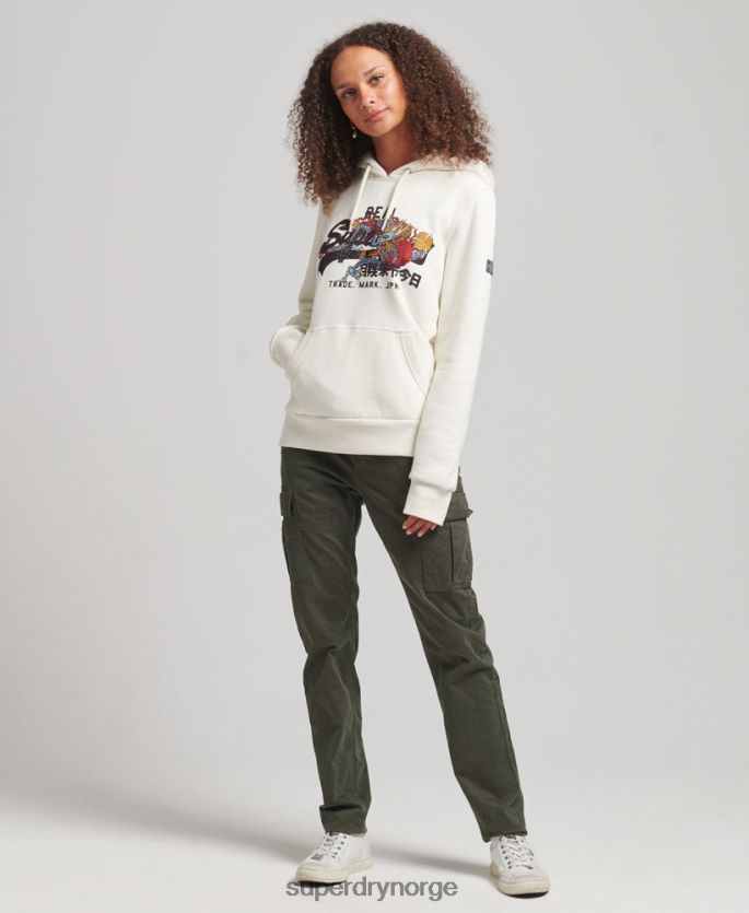 Superdry krem klær 86P46D6083 vintage logo narrativ rhinestone hettegenser kvinner