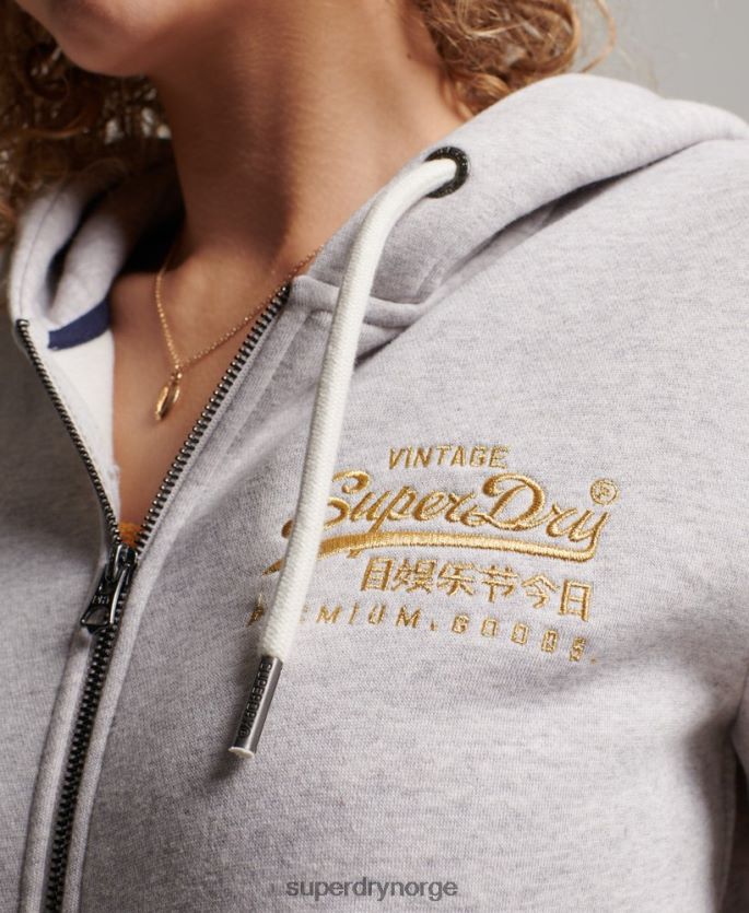 Superdry lysegrå klær 86P46D2277 vintage logo hettegenser med glidelås kvinner
