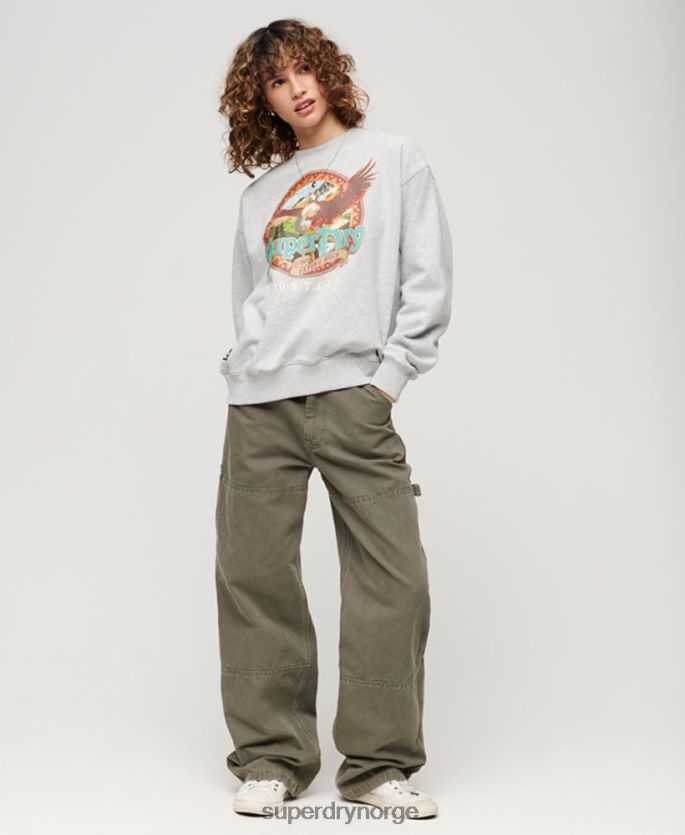 Superdry lysegrå klær 86P46D3277 reisesuvenir grafisk crew sweatshirt kvinner