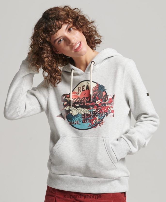 Superdry lysegrå klær 86P46D3389 Japansk vintage logo grafisk hettegenser kvinner