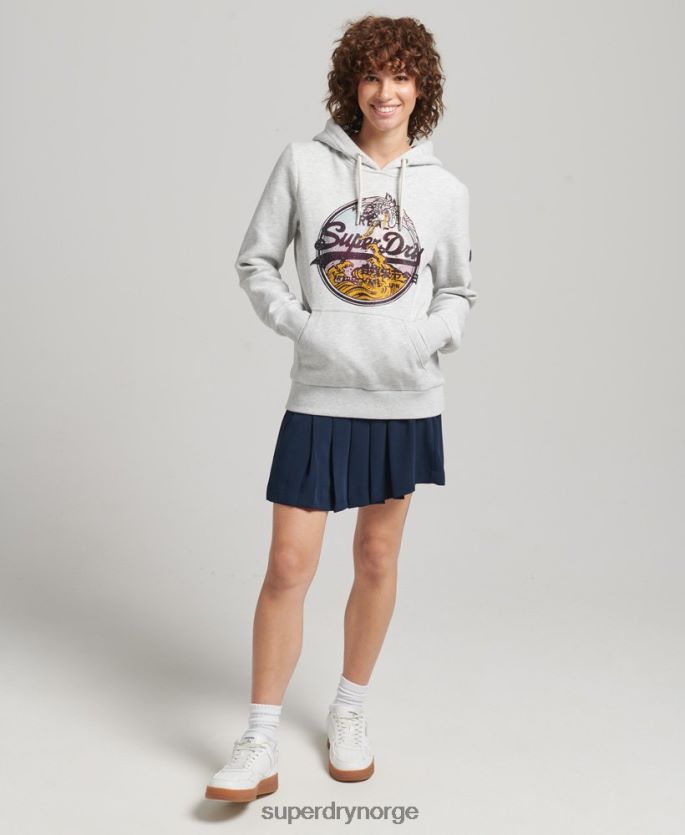Superdry lysegrå klær 86P46D5863 vintage logo narrativ rhinestone hettegenser kvinner