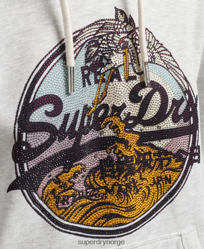 Superdry lysegrå klær 86P46D5863 vintage logo narrativ rhinestone hettegenser kvinner