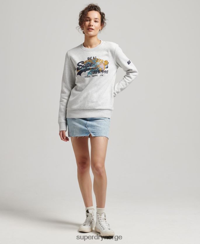 Superdry lysegrå klær 86P46D5982 vintage logo narrativ rhinestone crew sweatshirt kvinner