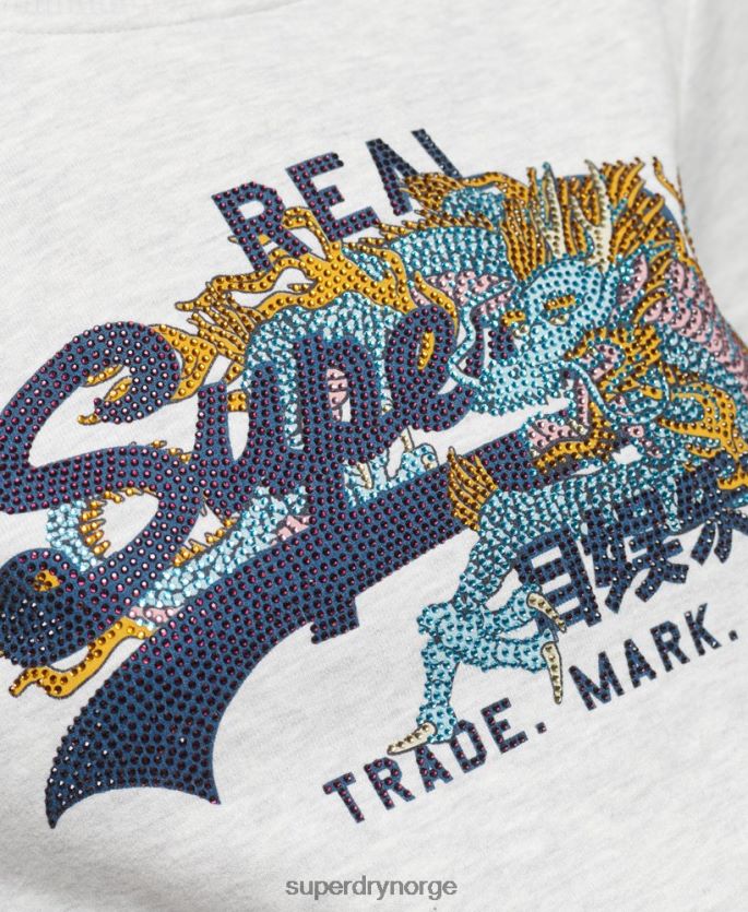 Superdry lysegrå klær 86P46D5982 vintage logo narrativ rhinestone crew sweatshirt kvinner