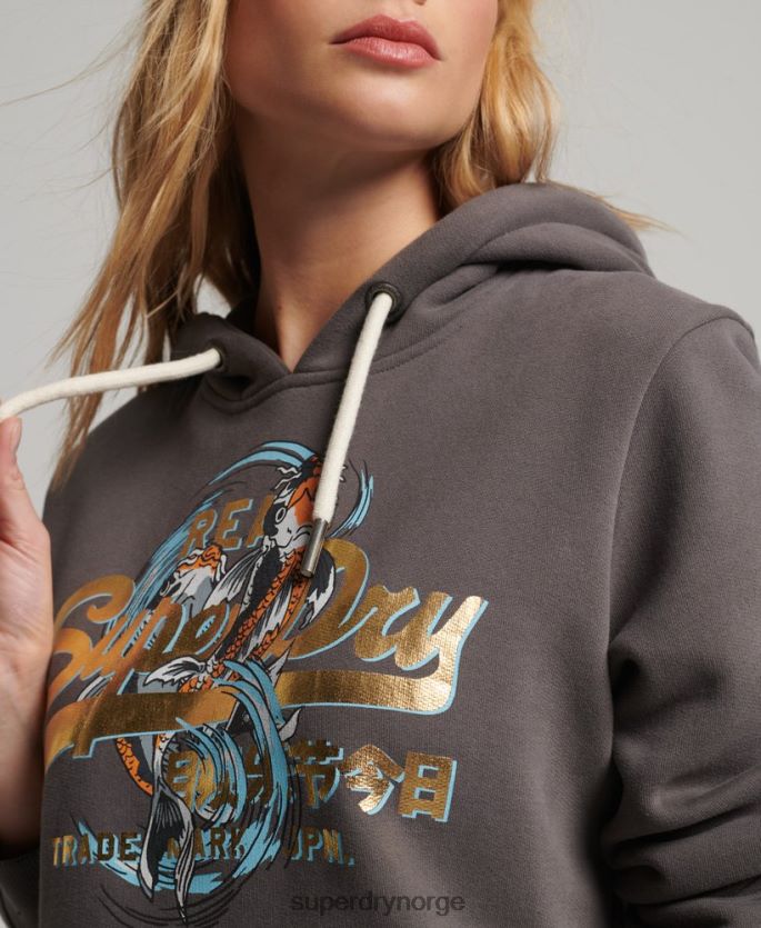 Superdry mørk grå klær 86P46D3306 Japansk vintage logo grafisk hettegenser kvinner