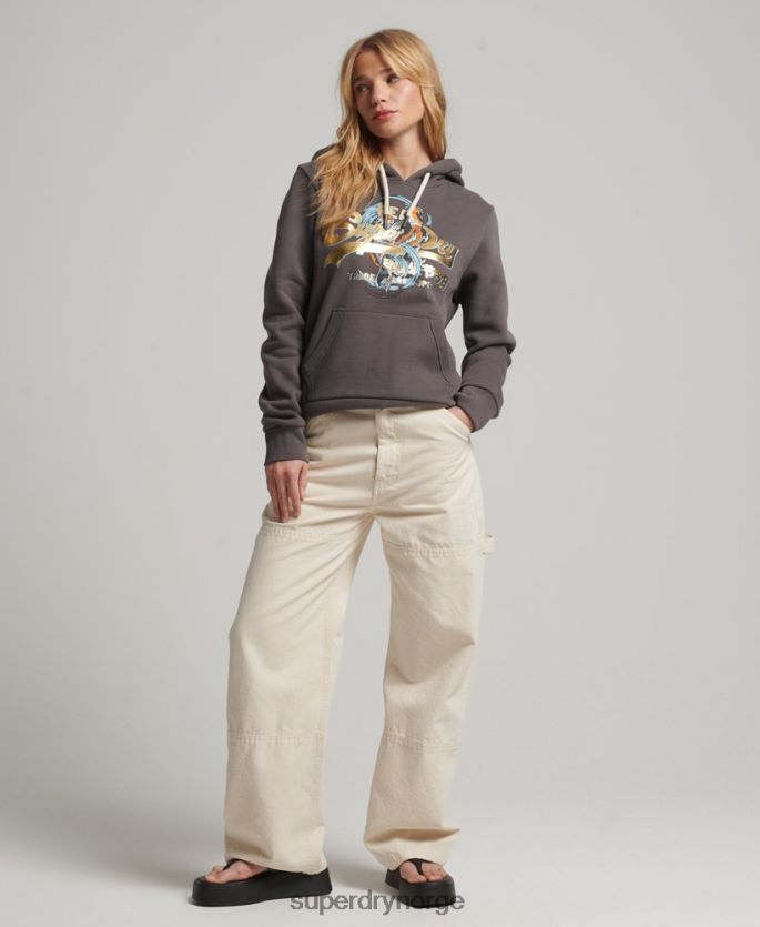 Superdry mørk grå klær 86P46D3306 Japansk vintage logo grafisk hettegenser kvinner