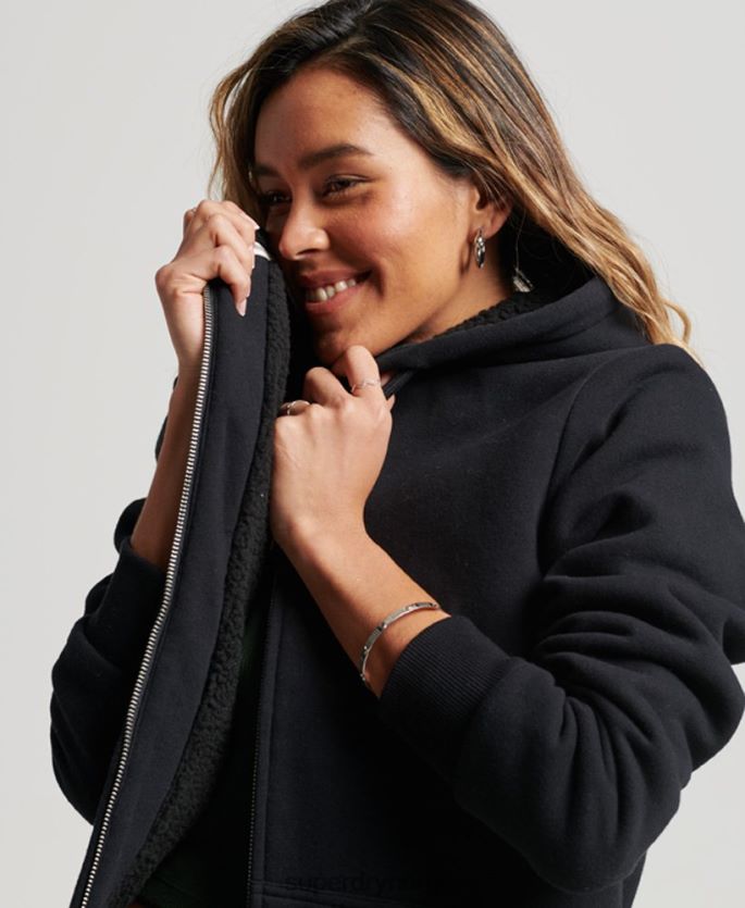 Superdry svart klær 86P46D5741 essensiell borg-fôret hettegenser med glidelås kvinner