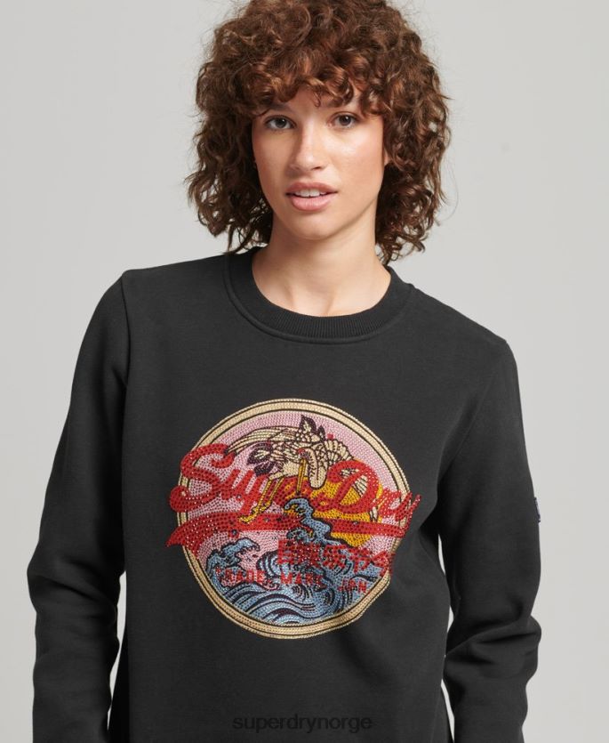 Superdry svart klær 86P46D5772 vintage logo narrativ rhinestone crew sweatshirt kvinner