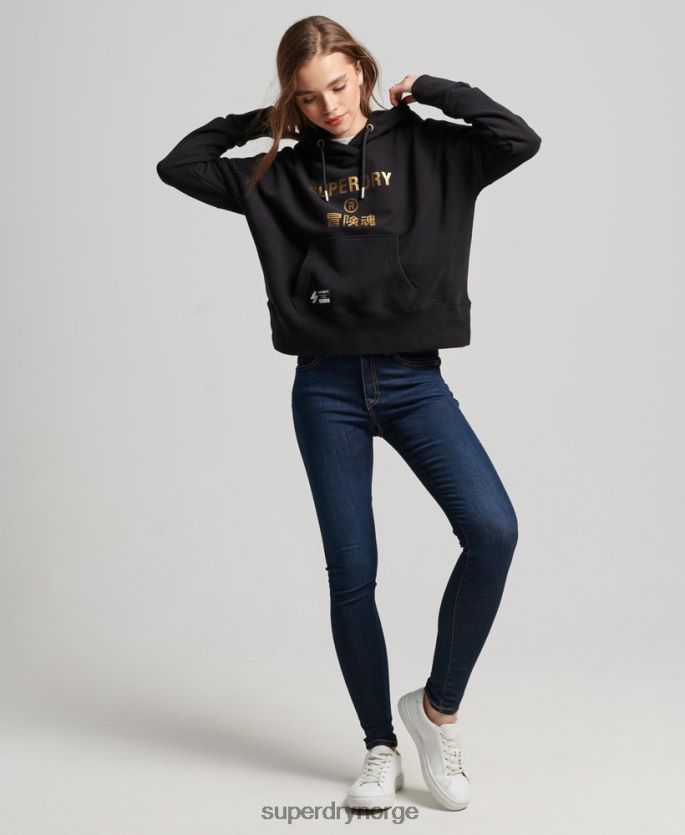 Superdry svart klær 86P46D5871 uavhengig hettegenser med logofolie kvinner