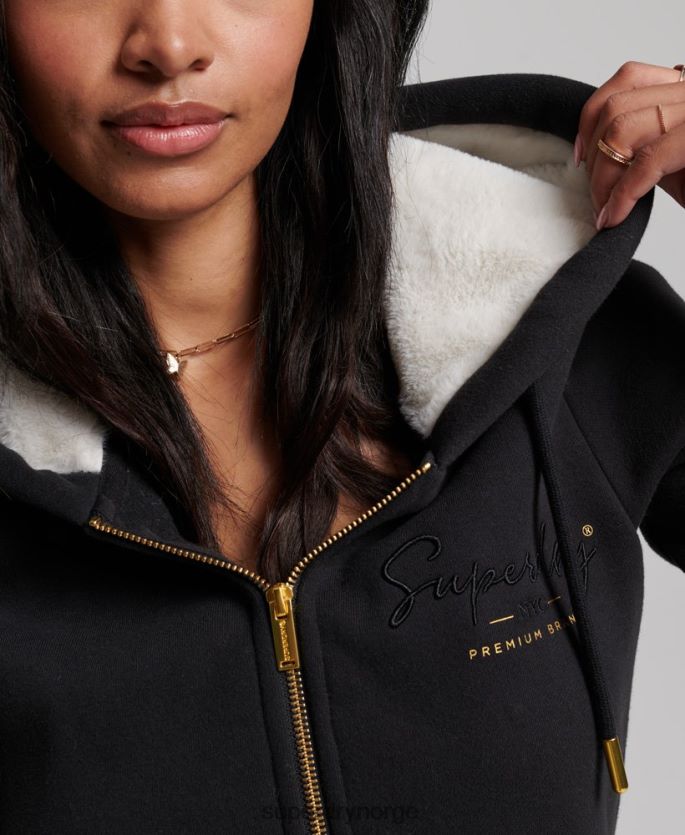 Superdry svart klær 86P46D6100 luksuriøs hettegenser med brodert logo med glidelås kvinner