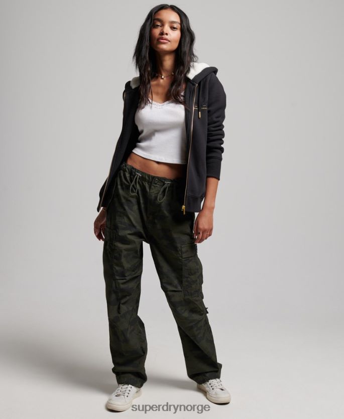 Superdry svart klær 86P46D6100 luksuriøs hettegenser med brodert logo med glidelås kvinner