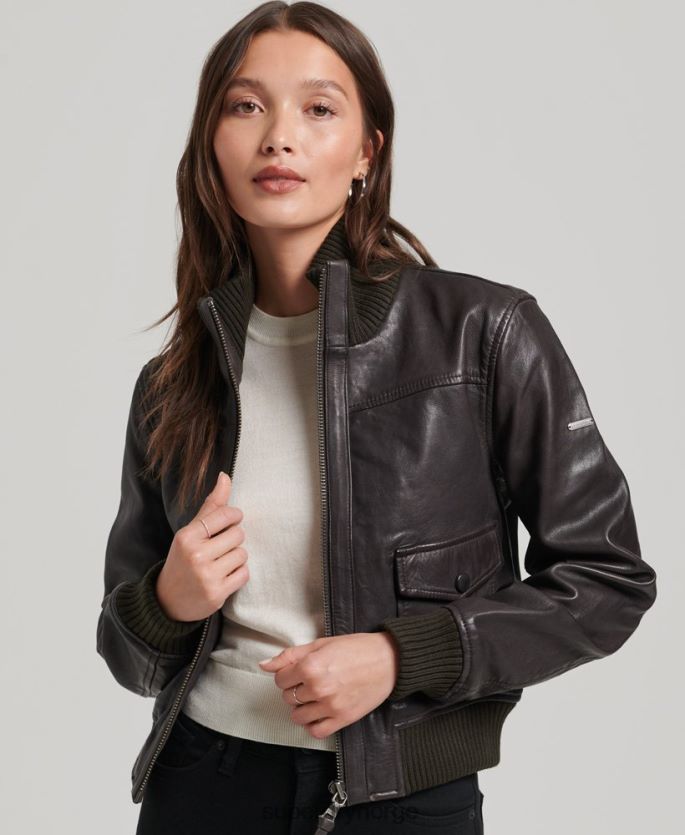 Superdry brun klær 86P46D3546 bomberjakke i skinn i strikket krage kvinner