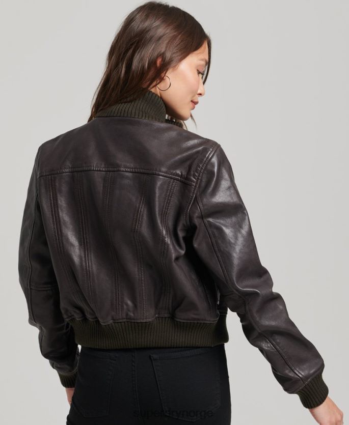 Superdry brun klær 86P46D3546 bomberjakke i skinn i strikket krage kvinner