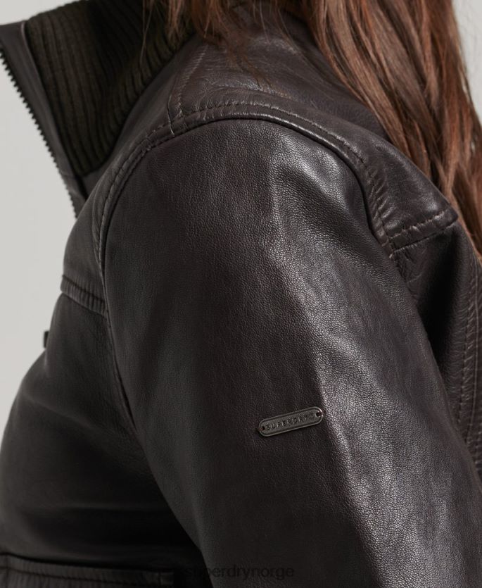 Superdry brun klær 86P46D3546 bomberjakke i skinn i strikket krage kvinner