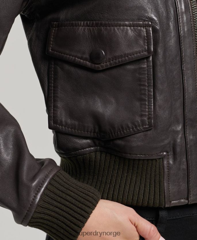 Superdry brun klær 86P46D3546 bomberjakke i skinn i strikket krage kvinner