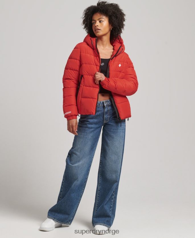 Superdry rød klær 86P46D3612 pufferjakke for sport med hette kvinner