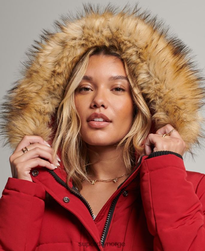 Superdry rød klær 86P46D3676 everest puffer bomberjakke med hette kvinner