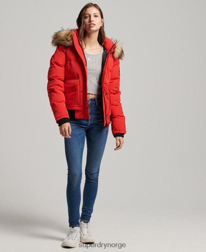 Superdry rød klær 86P46D3751 everest puffer bomberjakke med hette kvinner