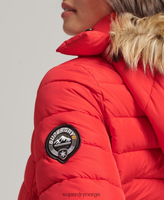 Superdry rød klær 86P46D5571 kort hettejakke i fuskepels kvinner