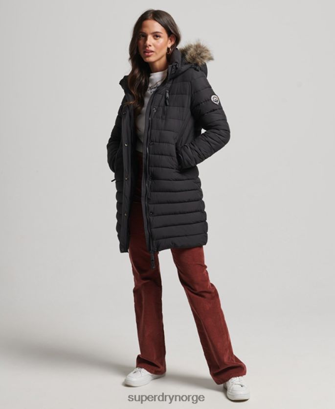 Superdry svart klær 86P46D3550 pufferjakke med hette i fuskepels kvinner