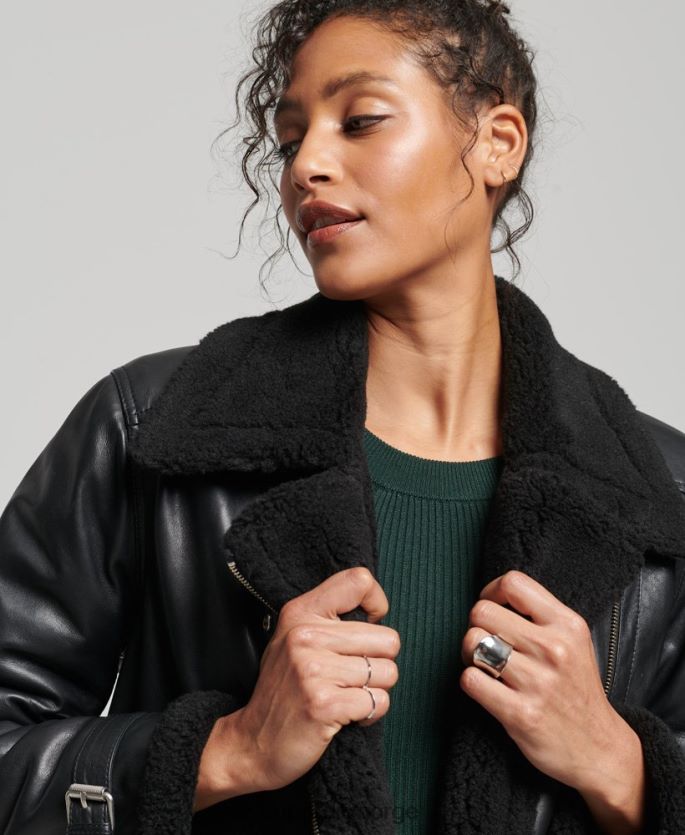 Superdry svart klær 86P46D3569 studios aviator jakke i skinn kvinner