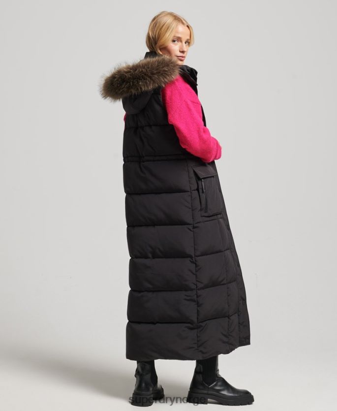 Superdry svart klær 86P46D3596 hette i fuskepels med langline puffer kvinner
