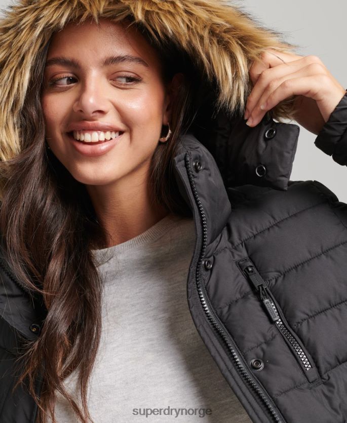 Superdry svart klær 86P46D3630 kort hettejakke i fuskepels kvinner