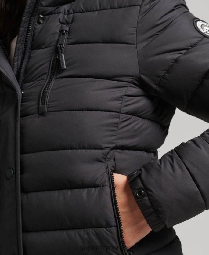 Superdry svart klær 86P46D3630 kort hettejakke i fuskepels kvinner
