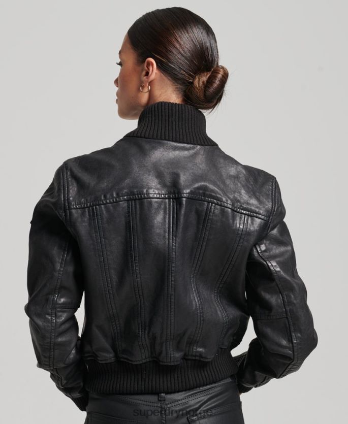 Superdry svart klær 86P46D3718 bomberjakke i skinn i strikket krage kvinner