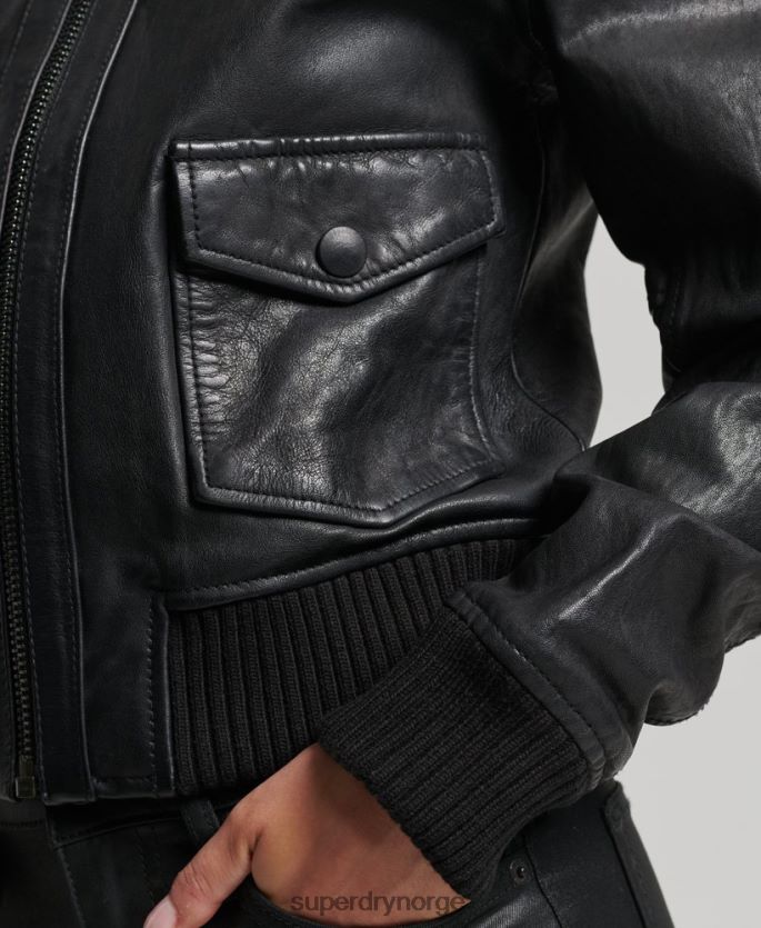 Superdry svart klær 86P46D3718 bomberjakke i skinn i strikket krage kvinner