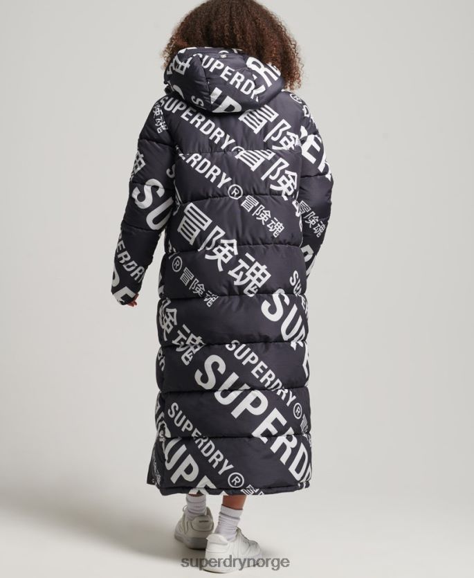 Superdry svart klær 86P46D5653 longline pufferjakke med all over print kvinner