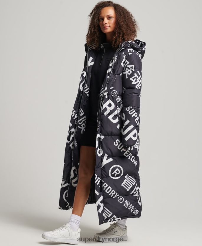 Superdry svart klær 86P46D5653 longline pufferjakke med all over print kvinner