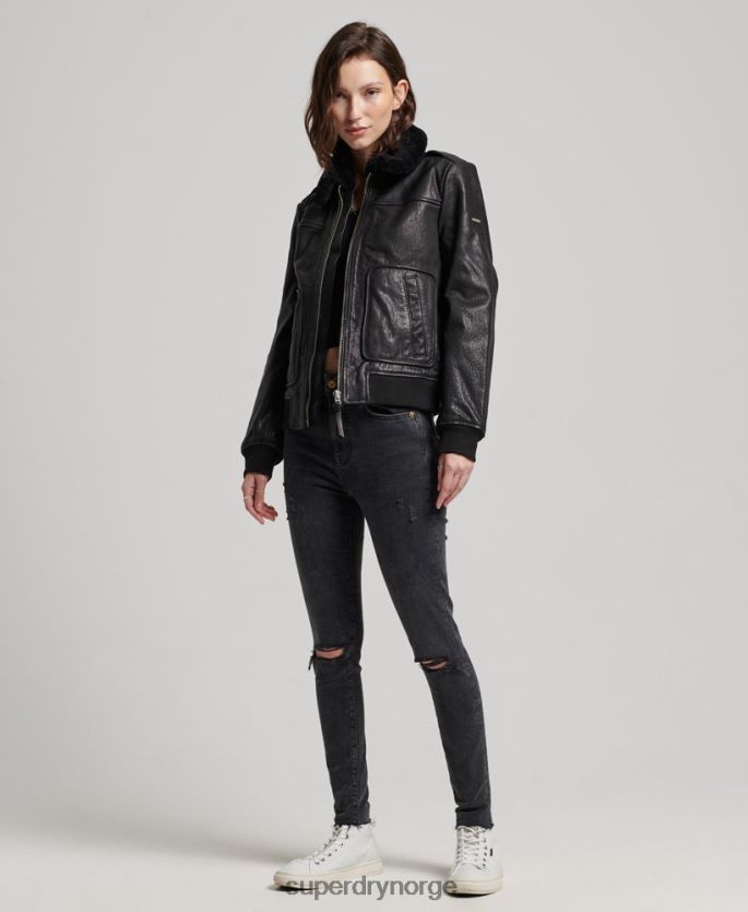 Superdry svart klær 86P46D5702 aviator flight skinnjakke kvinner