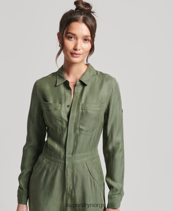 Superdry grønn klær 86P46D4104 cupro langermet skjorte jumpsuit kvinner