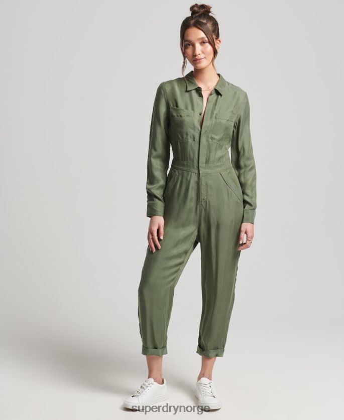 Superdry grønn klær 86P46D4104 cupro langermet skjorte jumpsuit kvinner