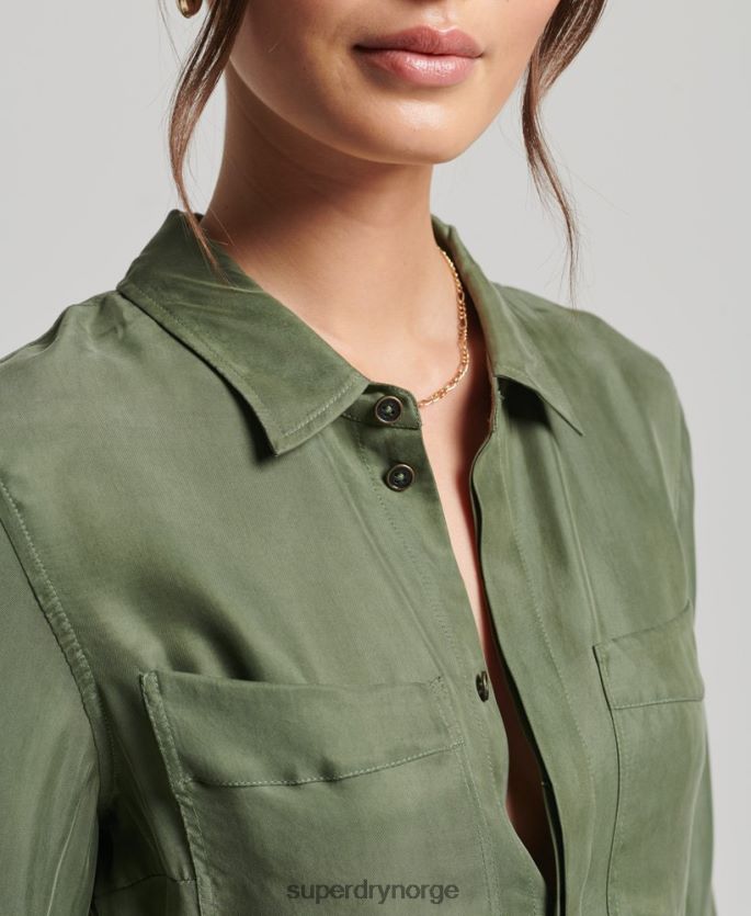 Superdry grønn klær 86P46D4104 cupro langermet skjorte jumpsuit kvinner