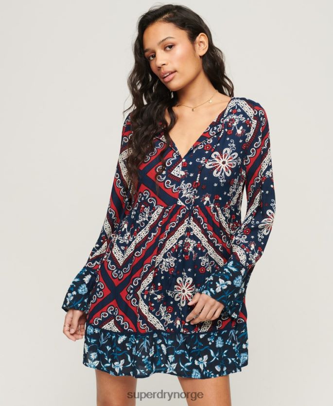 Superdry blå klær 86P46D2094 60-talls minikjole med flare ermer kvinner