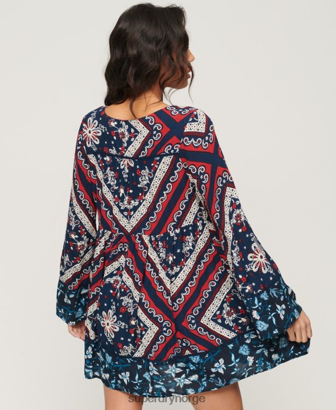 Superdry blå klær 86P46D2094 60-talls minikjole med flare ermer kvinner