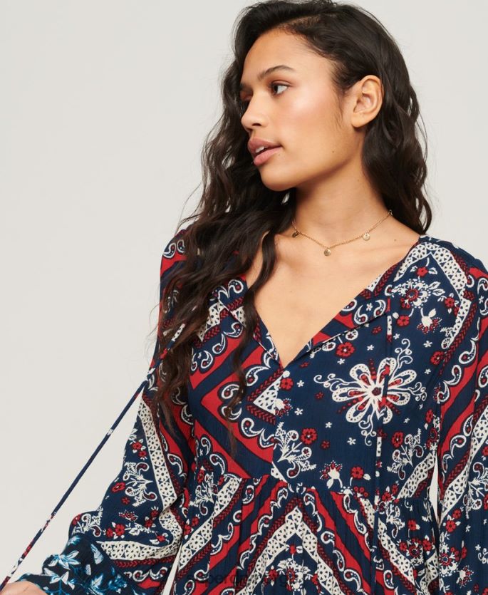 Superdry blå klær 86P46D2094 60-talls minikjole med flare ermer kvinner