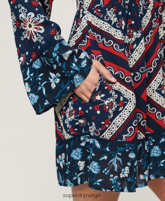 Superdry blå klær 86P46D2094 60-talls minikjole med flare ermer kvinner