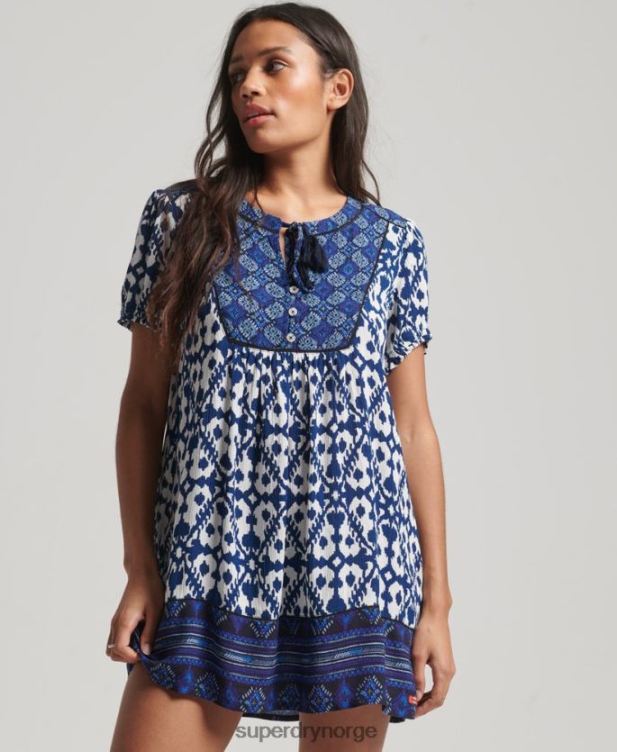 Superdry blå klær 86P46D2182 vintage minikjole med hakk hals kvinner