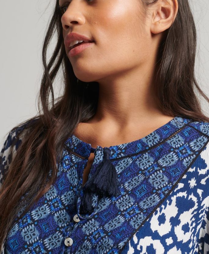 Superdry blå klær 86P46D2182 vintage minikjole med hakk hals kvinner