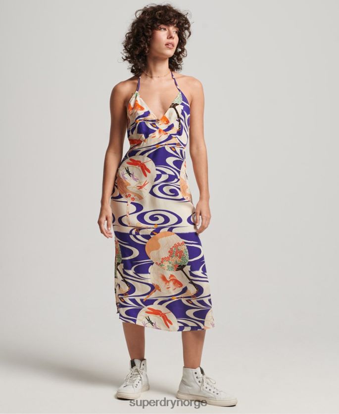 Superdry blå klær 86P46D2397 trykt midi slip kjole kvinner