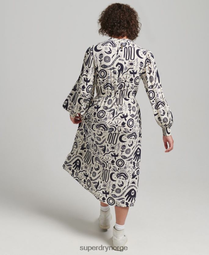 Superdry krem klær 86P46D6707 trykt midi-langermet kjole kvinner