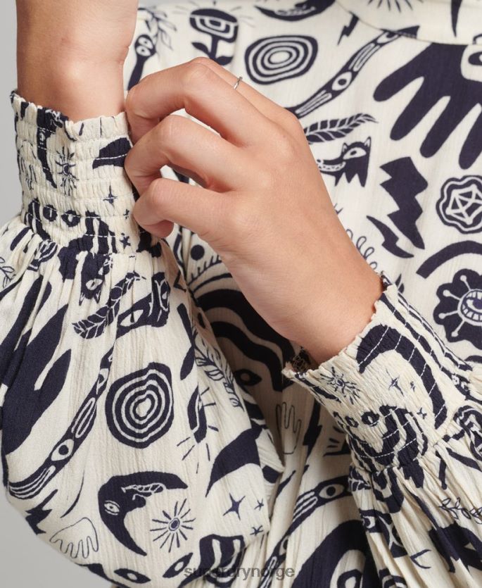 Superdry krem klær 86P46D6707 trykt midi-langermet kjole kvinner