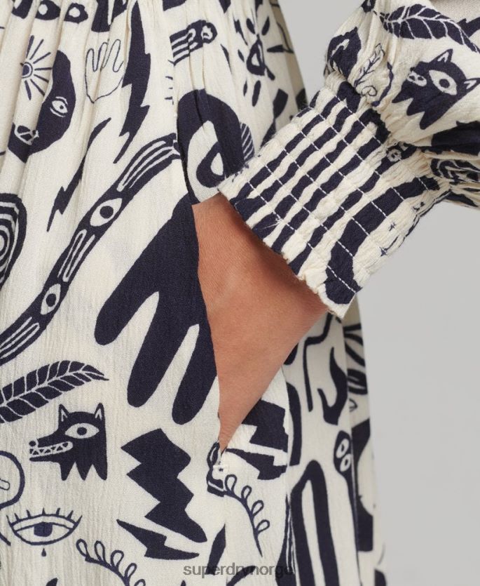 Superdry krem klær 86P46D6707 trykt midi-langermet kjole kvinner